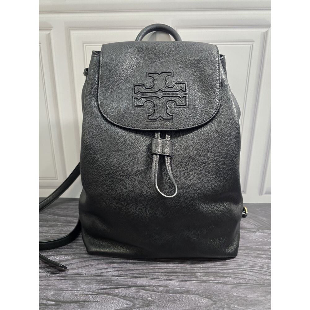 TORY BURCH - Black Pebble Leather Backpack with TB Logo on Flap Harper NWOT